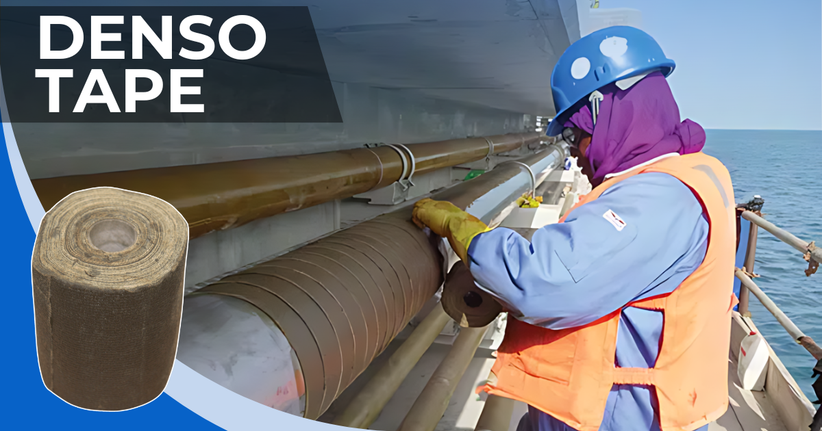 Worker applying Denso Tape on a pipeline for corrosion protection.